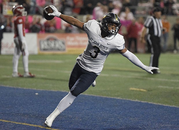 St. John Bosco receiver Jake Bailey celebrates one of his two first-half touchdown catches from D.J. Uiagalelei. 
