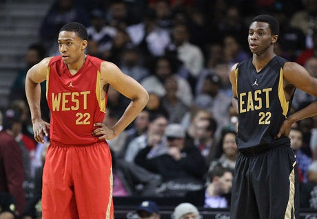 Jabari Parker (left) made many Duke fans happy. Wonder if he gave any advice to Andrew Wiggins (right) here at the Jordan Brand Classic last month.