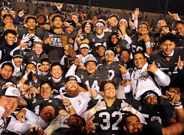 St. John Bosco celebrates its CIF Open Division title. The Braves are the consensus top team in high school football, earning all No. 1 picks from the five ranking services in the Composite Top 25.