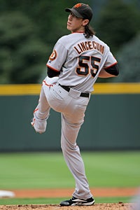 San Francisco Giants pitcher Tim Lincecum delivers a pitch to the St. Louis  Cardinals in the fourth inning at Busch Stadium in St. Louis on April 19,  2008. San Francisco won the