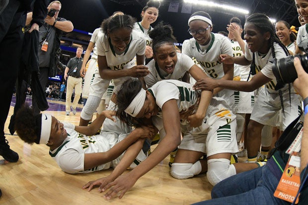 Vanden players celebrate their remarkable comeback win over Mater Dei.
