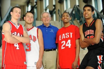 The All-Colorado boys basketball team, from left: Josh Adams, Cory Calvert, coach Dick Katte, Dominique Collier and Josh Scott. Not pictured: Wesley Gordon.