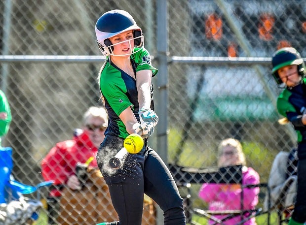 Yellville-Summit's Abby Methvin breaks her bat on contact with the pitch. The three-sport athlete is a standout on the diamond, track and court for Yellville-Summit. (Photo: Brian Cox)