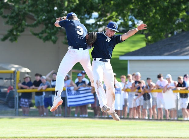 In return to action on June 15 in Iowa, two Pleasant Valley celebrate a 3-2 win over Assumption (Davenport).  