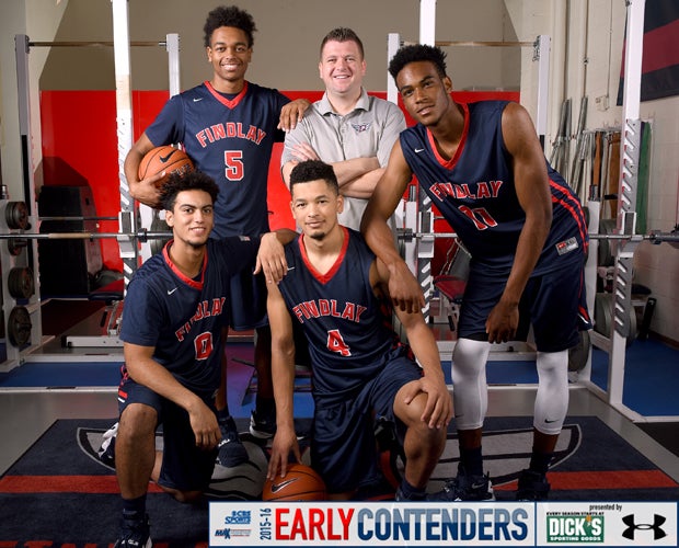 Findlay Prep head coach Andy Johnson (middle) is surrounded by players (clockwise from the left) Markus Howard, P.J. Washington, Oshae Brissett and Skylar Mays.  