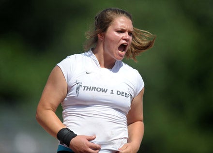 Torie Owers shows just how pumped she was after taking second place by less than an inch on her final shot put. 