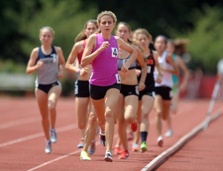 Bronxville (N.Y.) incoming junior Mary Cain led from the start and cruised to a victory in the 1,500 meters to win in a meet record of 4 minutes, 14.74 seconds. It was the the No. 2 time ever by a 10th grader in the metric mile.
