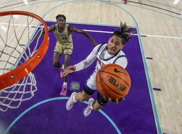 Stanford commit Kanaan Carlyle of Milton skies for the layup at the City of Palms Classic.