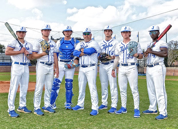 Jesuit head coach Miguel Menendez (center) has a wealth of talent including (left to right) Bradke Lohry, Dominic Castellano, Cole Russo, Alden Segui, Nick Rodriguez and BJ Graham.
