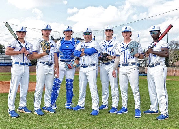 Jesuit head coach Miguel Menendez (center) has a wealth of talent including (left to right) Bradke Lohry, Dominic Castellano, Cole Russo, Alden Segui, Nick Rodriguez and BJ Graham.    