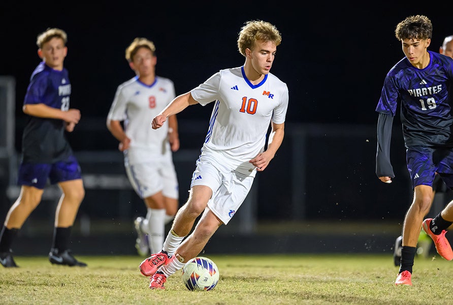 Junior Collin McKee scored 16 goals and contributed seven assists in 26 matches to help Marvin Ridge win North Carolina's boys soccer state championship last fall. The Mavericks are the state leader in the MaxPreps Cup standings. (PHOTO: Greg Stavish)