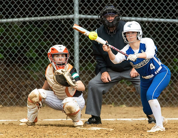 All eyes are on the ball as Danvers (Mass.) freshman Kristina Yabba lays down a bunt in extra innings against Austin Prep.
