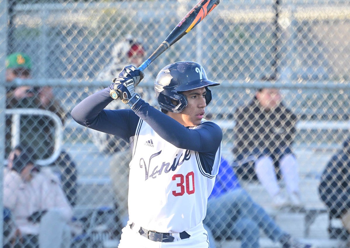 Senior Daniel Quiroz leads Venice with a .494 batting average. The Gondoliers play El Camino Real (Woodland Hills) at Dodger Stadium in the Los Angeles City Section Open Division championship game on Saturday. (PHOTO: John Adelsperger)