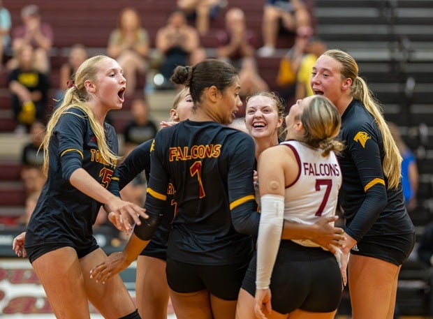 No. 12 Torrey Pines celebrates during its Volleypalooza title match win over No. 13 Cathedral Catholic on Saturday in Austin, Texas. Penn State bound Finley Krystkowiak was named MVP for the champion Falcons. (PHOTO: Tim Dunnahoo)