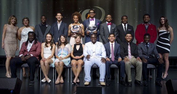 The group of 11 Players of the Year, six presenters and host Hannah Storm at the 2014 Gatorade Athlete of the Year ceremony at the Loews Hollywood Hotel on Tuesday.