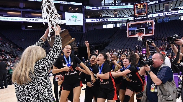 Harvard-Westlake players celebrate as coach Melissa Hearlihy presents the CIF Division II trophy to them following their 60-45 win Saturday over Colfax at Golden 1 Center in Sacramento. (Photo: David Steutel)