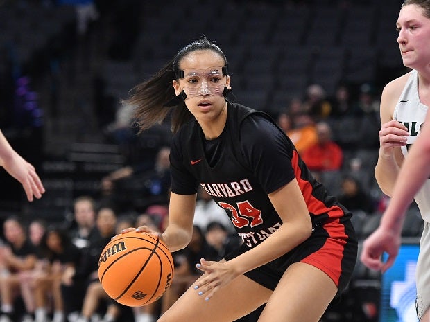 Harvard-Westlake post Valentina Guerrero drives to the bucket for two of her 14 points Saturday in the Wolverines' 60-45 win over Colfax in the CIF Division II title game. (Photo: David Steutel)