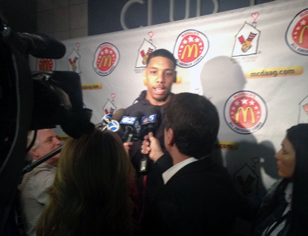 Wootten Award winner Jahlil Okafor gives an interview during the media session. 