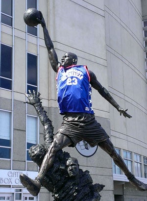 Someone draped a McDonald's All American jersey
on the famed statue of Michael Jordan in front ofthe United Center.