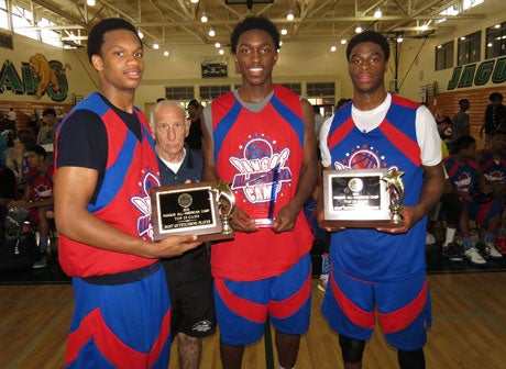 A 27-point outing Saturday night and strong play in the Sunday finale helped propel Stanley Johnson (center) to most outstanding player honors at the prestigious Pangos All-American Camp. Johnson is flanked by Top 25 game standouts Rashad Vaughn (left) and Emmanuel Mudiay (right).