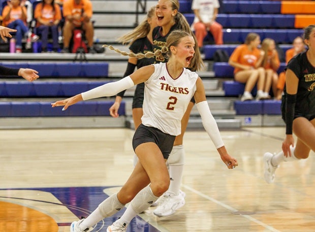 Lindsay Langner of No. 14 Harrisburg reacts during the Tigers' upset sweep of No. 3 Marymount on Thursday at the Challenge of Champions at Bishop Gorman High School. The match was a warmup for this weekend's Durango Fall Classic in Las Vegas. (PHOTO: Jenni  Webber)