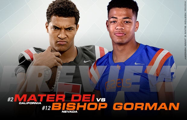 Mater Dei's Bru McCoy (left) takes on Rome Odunze (right) and Bishop Gorman.