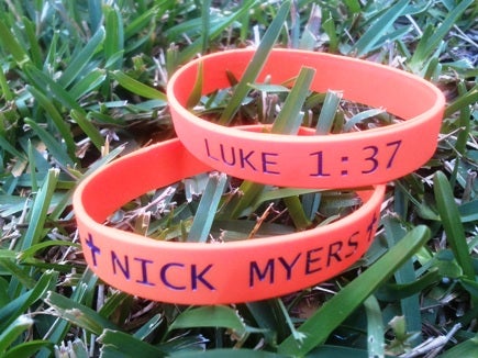 After Gulfport (Miss.) sophomore Nick Myers was diagnosed with leukemia
in late March, supporters sold and wore these wristbands to spread the message.
