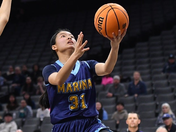 Marina's Tiana TO goes up for two of her 10 points in the Vikings' 62-39 loss to Bret Harte in the CIF Division V finals on Saturday. (Photo: David Steutel)
