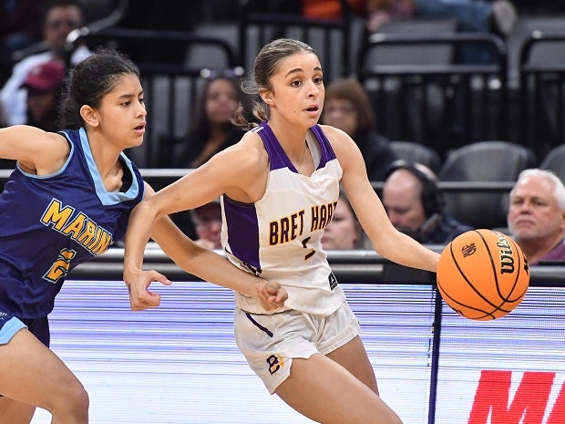 Bret Harte senior Ariah Fox led the Bullfrogs to their first title, scoring 22 with 15 rebounds in the 62-39 win Saturday over Marina in the CIF girls Division V championship at Golden 1 Center. (Photo: David Steutel)