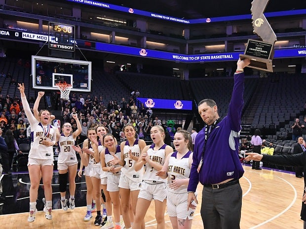 Bret Harte coach Jeff Eltringhham celebrates with his team Saturday after winning the CIF girls Division V title, 62-39 over Marina. It was the first championship for the Bullfrogs. (Photo: David Steutel)