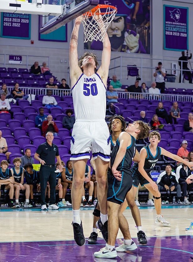 Olivier Rioux towers over the competition last week against Providence at the City of Palms Classic. (Photo: Pete Wright)