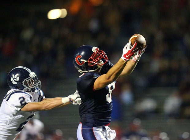 Tyler Petite stretches for one of his 30 catches this season. The nation's No. 13 tight end leads Campolindo into the Northern California D3 regional final Saturday night against Sutter.