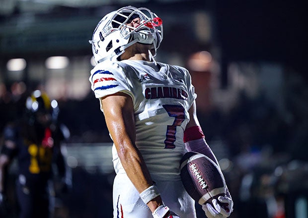 Florida State-bound wide receiver Jasen Lopez celebrates after scoring the game-winning touchdown for Chaminade-Madonna against American Heritage. (PHOTO: Jeff Klein)