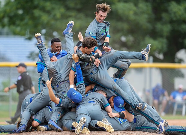 Players on the Blue Springs South (Mo.) celebrate their victory over Liberty in the MSHSAA Class 5 quarterfinal playoff game.