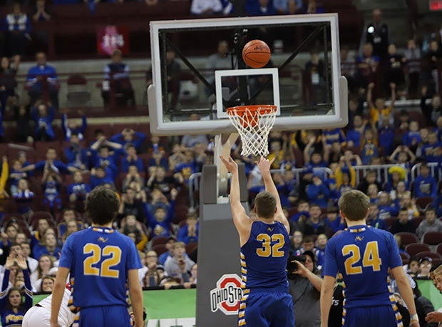 Marion Local senior Tyler Mescher hits a free throw with seconds left to lift the Flyers to a 52-51 double-OT win over Cornerstone Christian in the Division IV state final.