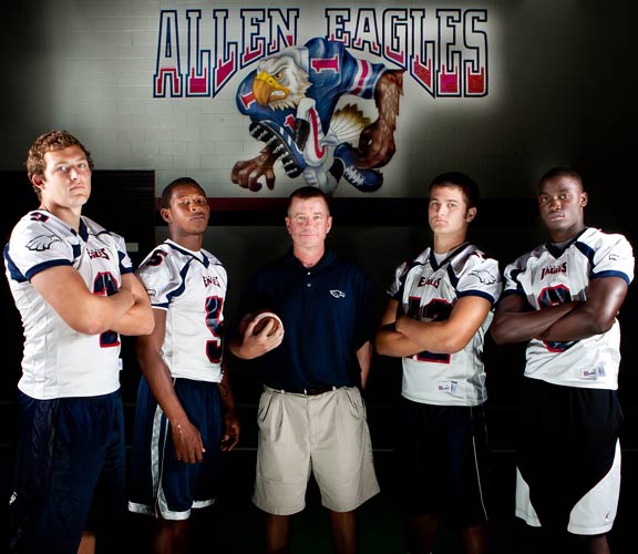 From left to right: Alec Morris, Jonathan Williams, head coach Tom Westerberg, Chris Hudson and Thaddeus LaGrone.