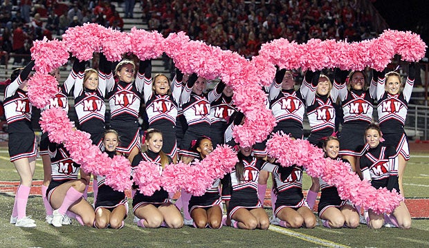Murrieta Valley (Murrieta, Calif.) cheerleaders show their support for breast cancer awareness.
