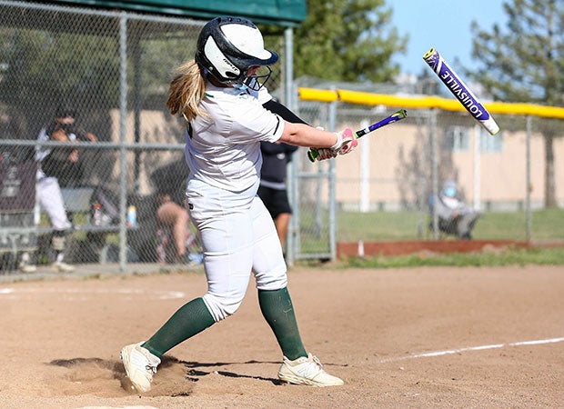 Ava Luiz of Casa Grande (Calif.) breaks her composite bat during a swing against visiting American Canyon. 