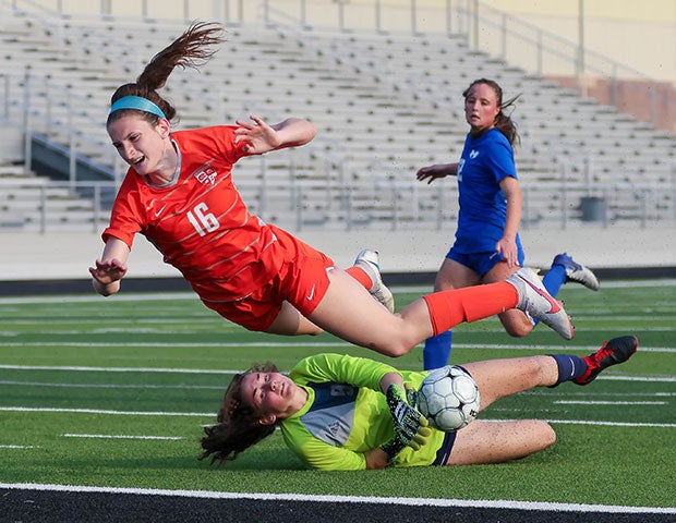 Taylor Zdrojewski of Celina (Texas) is tripped up during a shot on goal in the UIL 4A Regional championship game.