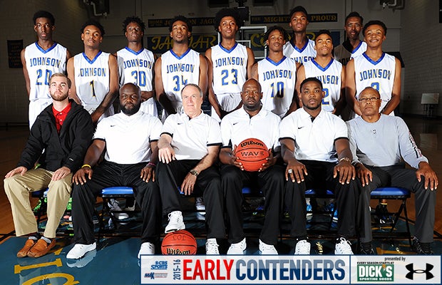Head coach Jack Doss (third from left in first row) and his 2015-16 J.O. Johnson basketball players and staff