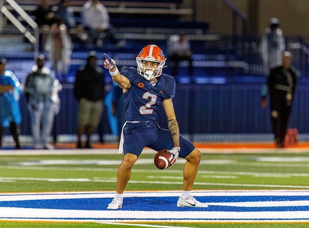Audric Harris of Bishop Gorman celebrates earlier in the season. The Gaels climb to No. 1 in the MaxPreps Top 25 rankings after No. 3 St. John Bosco upset previous No. 1 Mater Dei 28-0 on Friday. (Photo: Timothy Roseberry)