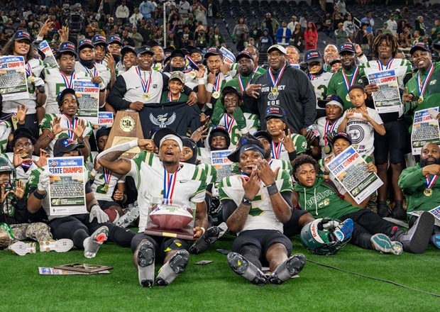 DeSoto celebrates after beating King 55-27 in the Conference 6A Division 2 state championship game. After starting 0-2, the Eagles won 13 of their next 14 games to win the title. (PHOTO: Alex Garza)