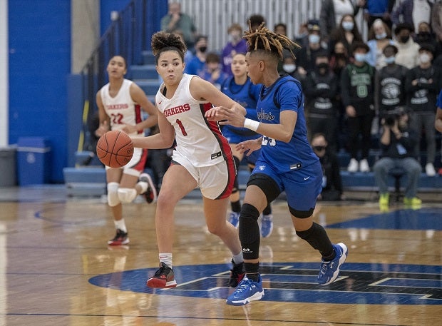 Sidwell Friends' Kiki Rice bring the ball up court against Hopkins.