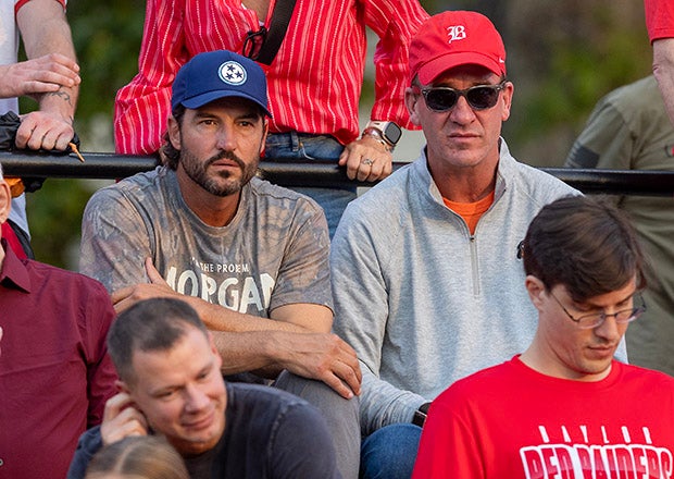 Tennessee baseball coach Tony Vitello (left) and Peyton Manning (or is it Paintin' Manning?) were on hand Friday night at McCallie. Manning's son Marshall is expected to attend Baylor next school year as a freshman. (PHOTO: Andy Mitchell)
