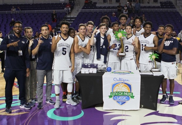 University celebrates after beating Penny Hardaway's Memphis East squad for the 2017 City of Palms Classic title.