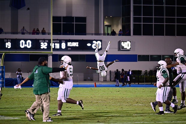 Miami Central players had reason to flip after becoming the first Florida team to beat IMG Academy in a regular season game.