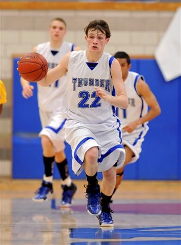 Rocklin junior guard Cody Kale leads the break.