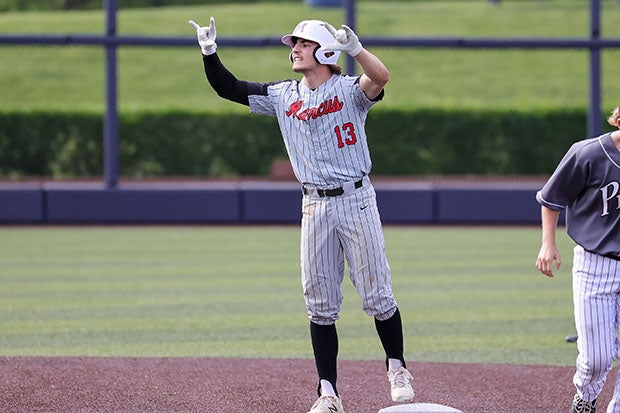 Preston Curtis of Marcus (Flower Mound, Texas) celebrates after a key hit in his team's series win over Plano.