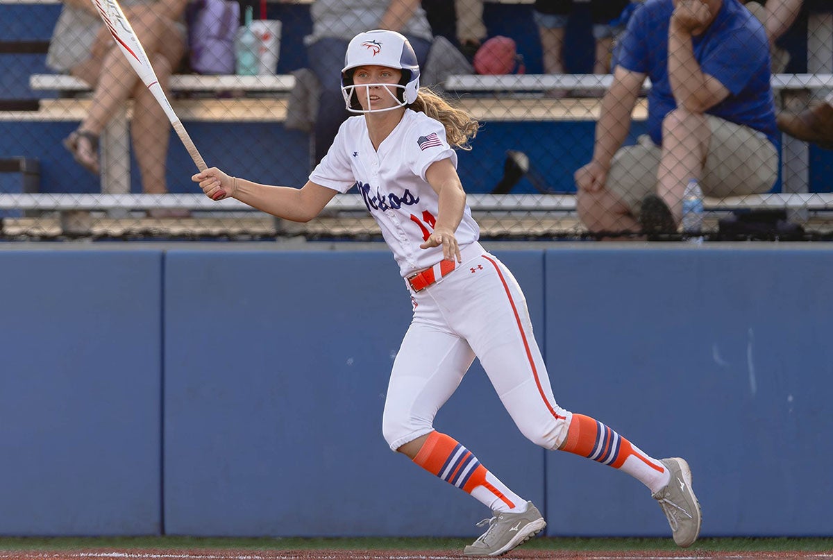 Orange Beach senior Katie King has 107 career extra-base hits with a .528 batting average since arriving on varsity as a seventh grader in 2021. The Arkansas signee started her 2026 campaign with a double in the Makos season opener last week. (PHOTO: Holly Mapel)