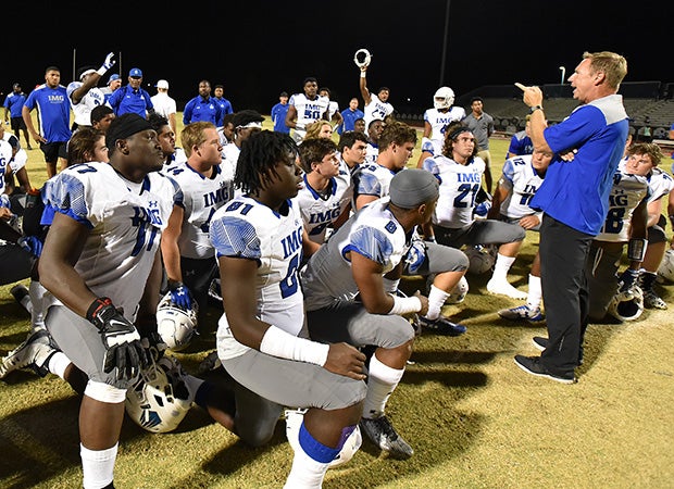 IMG Academy coach Kevin Wright addresses his team following their shut out victory.